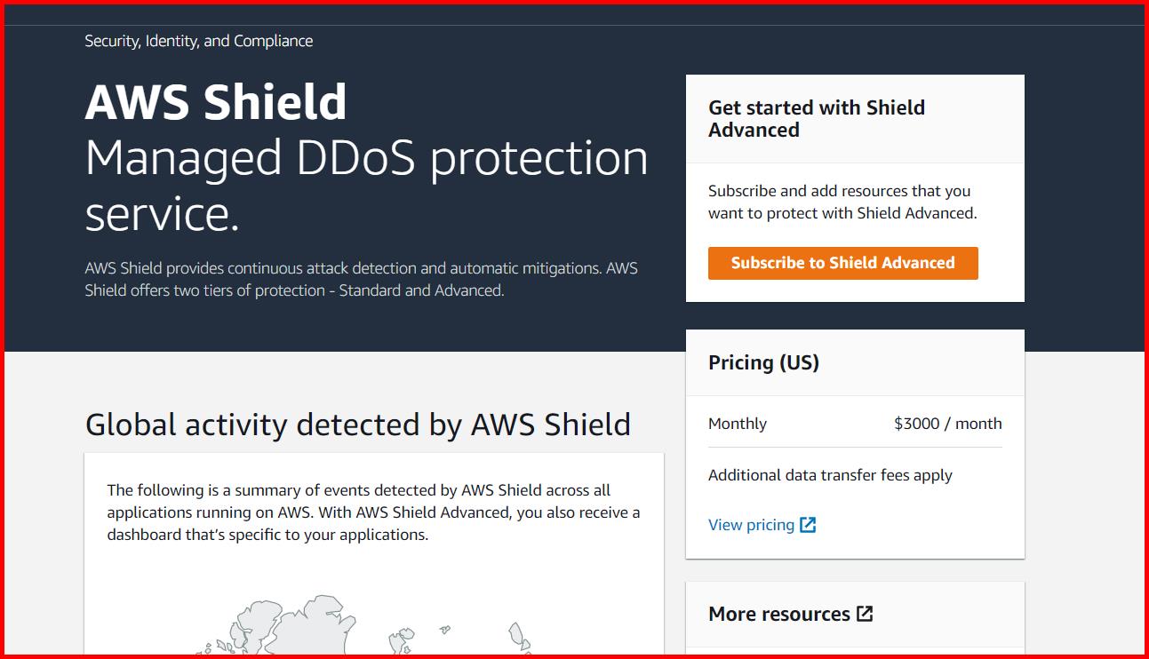 Picture showing the button to subscribe to AWS shield advanced